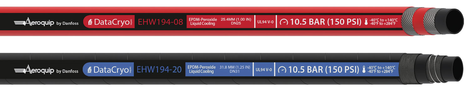 Aeroquip by Danfoss DataCryo EHW194 EPDM coolant hose for data center liquid cooling, red and blue