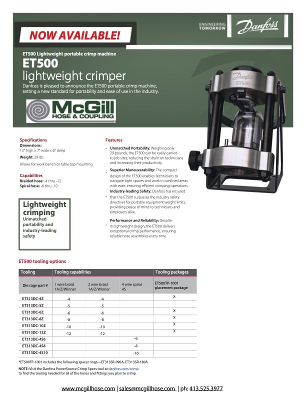 brochure for the Danfoss ET500 lightweight hose crimper