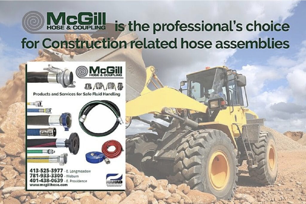 Construction equipment with text- McGill Hose is the professional's choice for construction related hose assemblies