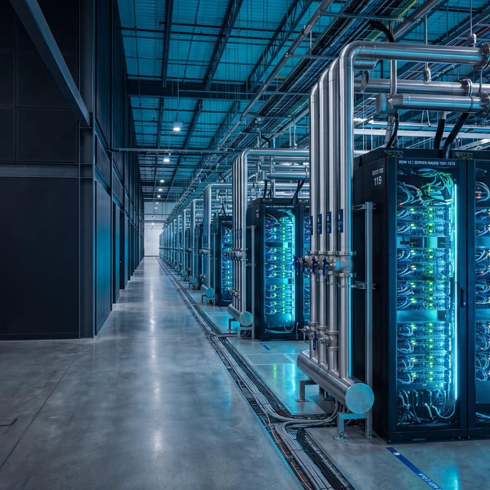 Data center server hall with overhead liquid cooling infrastructure